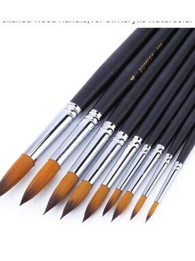 Painting Brushes Set, Golden Nylon, 9 Pieces, Sizes #0-#16, Polished Wood Handle